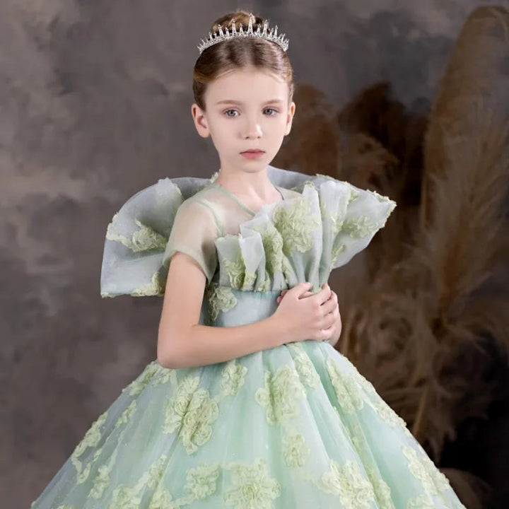 DreamyVow Luxury Sage Green Flower Girl Dresses Scallop Collar Appliques Princess Kids Gown for Birthday Wedding Party Show J123-DreamyVow