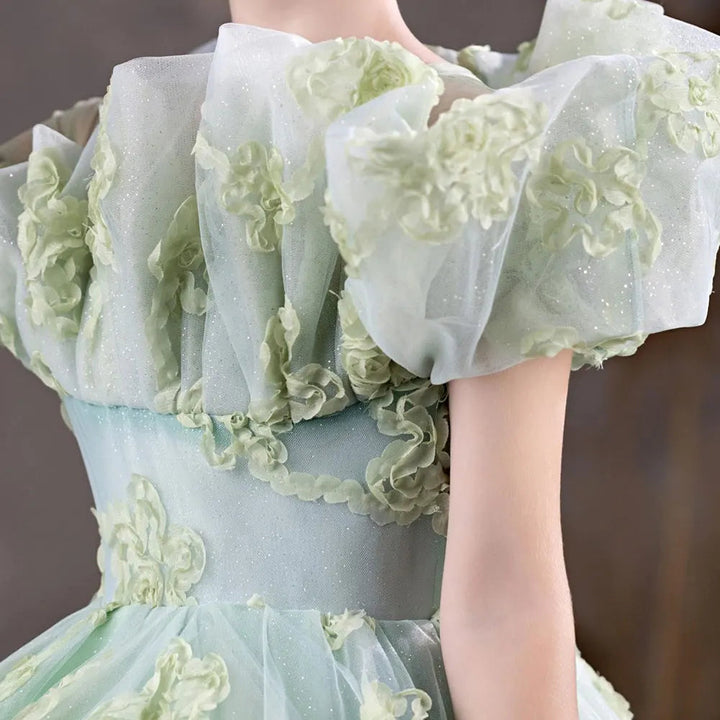 DreamyVow Luxury Sage Green Flower Girl Dresses Scallop Collar Appliques Princess Kids Gown for Birthday Wedding Party Show J123-DreamyVow