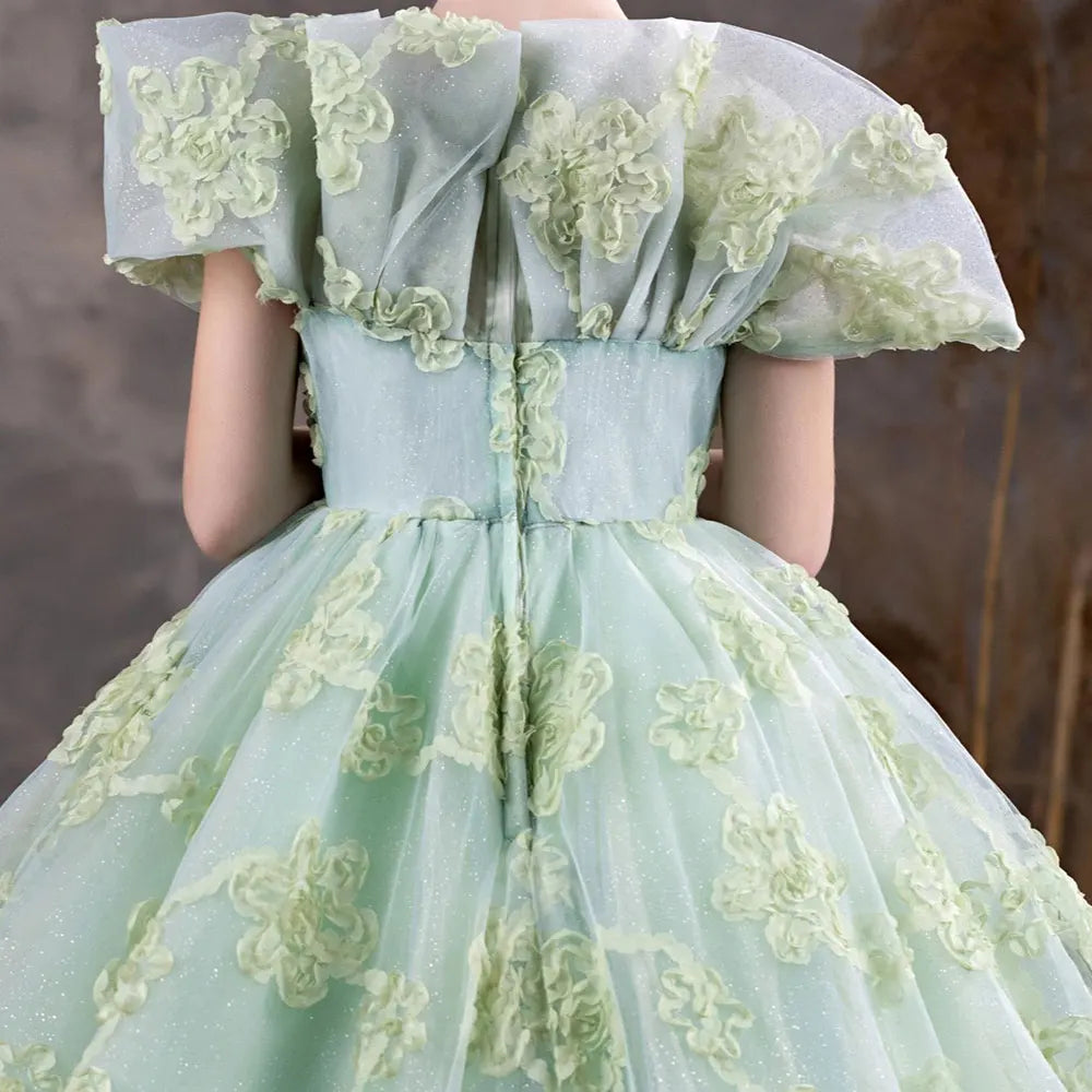 DreamyVow Luxury Sage Green Flower Girl Dresses Scallop Collar Appliques Princess Kids Gown for Birthday Wedding Party Show J123-DreamyVow