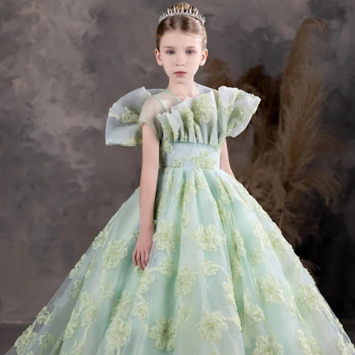 DreamyVow Luxury Sage Green Flower Girl Dresses Scallop Collar Appliques Princess Kids Gown for Birthday Wedding Party Show J123-DreamyVow