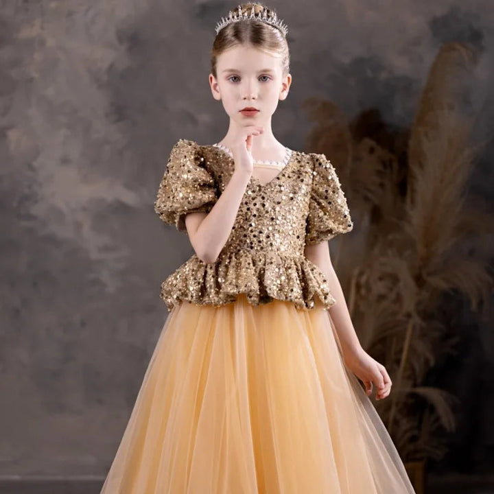 DreamyVow Luxury Shiny Champagne Flower Girl Dress Sequined Princess A-Line Gown for Kids Wedding Birthday Party Pageant J131-DreamyVow