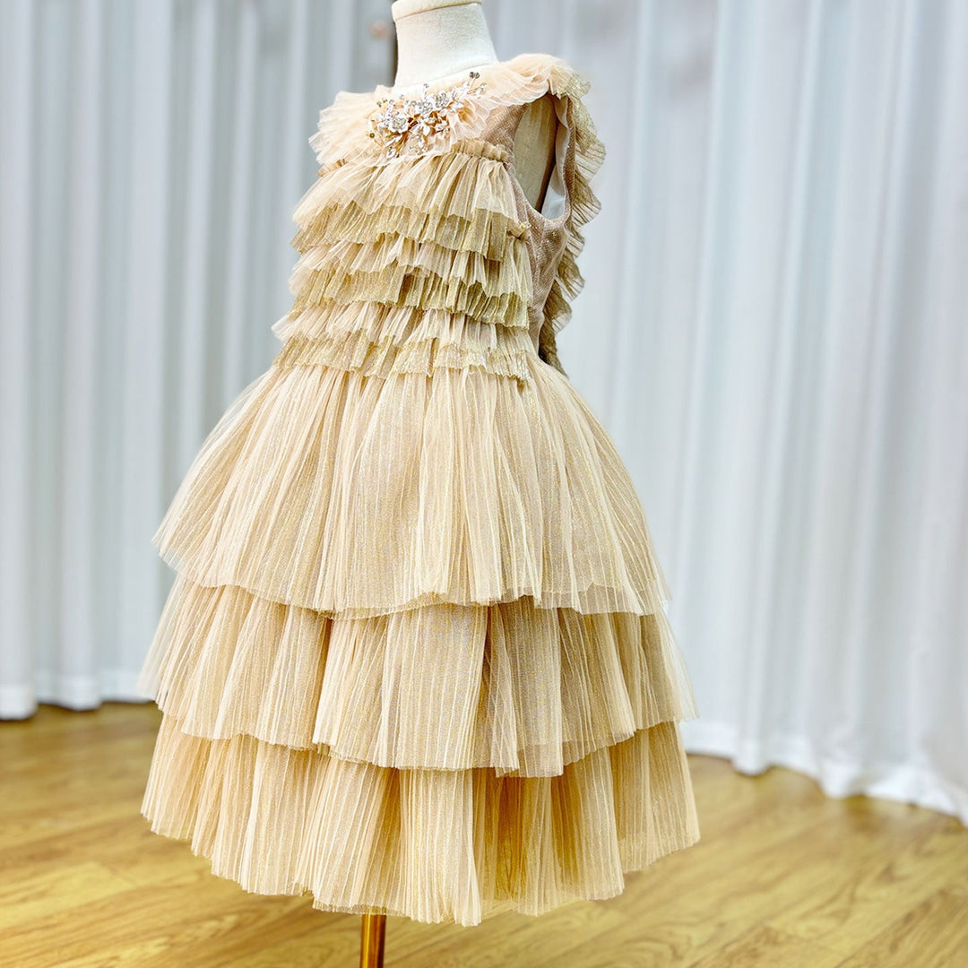 DreamyVow Luxury Shiny Gold A-Line Flower Girl Dresses for Kids Wedding Party Crystal Tiered Pink O-Neck Princess Gowns J002-DreamyVow