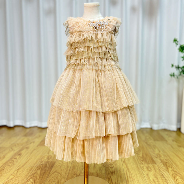 DreamyVow Luxury Shiny Gold A-Line Flower Girl Dresses for Kids Wedding Party Crystal Tiered Pink O-Neck Princess Gowns J002-DreamyVow