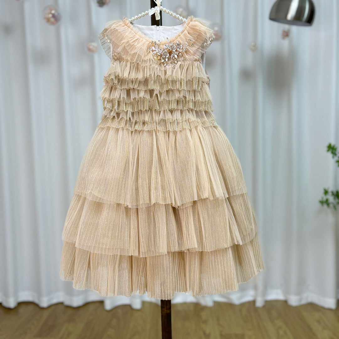 DreamyVow Luxury Shiny Gold A-Line Flower Girl Dresses for Kids Wedding Party Crystal Tiered Pink O-Neck Princess Gowns J002-DreamyVow