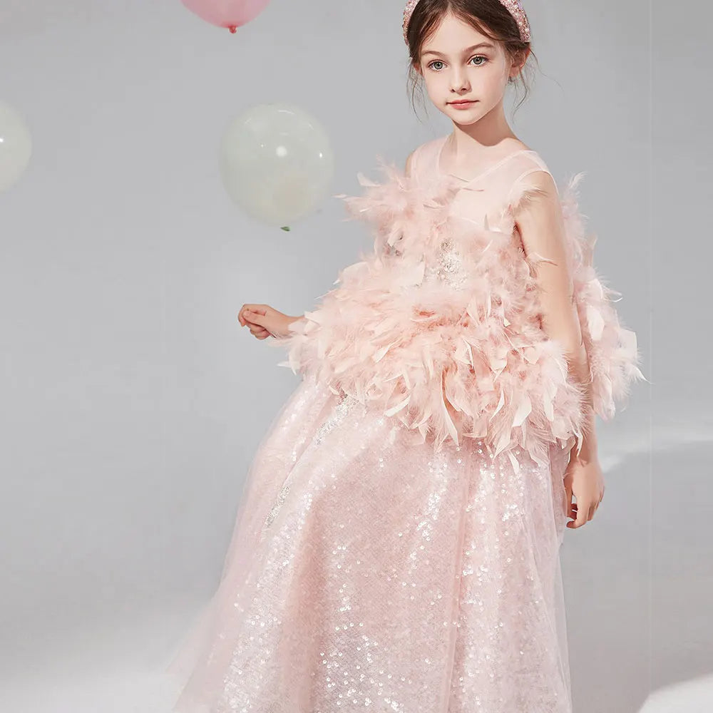 DreamyVow Luxury Shiny Pink Flower Girl Dresses Dubai Feather Beading Sequined Gowns for Birthday Party Show Pageant J008-DreamyVow