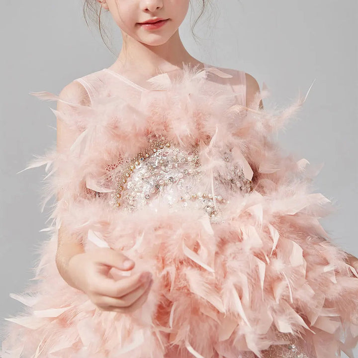 DreamyVow Luxury Shiny Pink Flower Girl Dresses Dubai Feather Beading Sequined Gowns for Birthday Party Show Pageant J008-DreamyVow