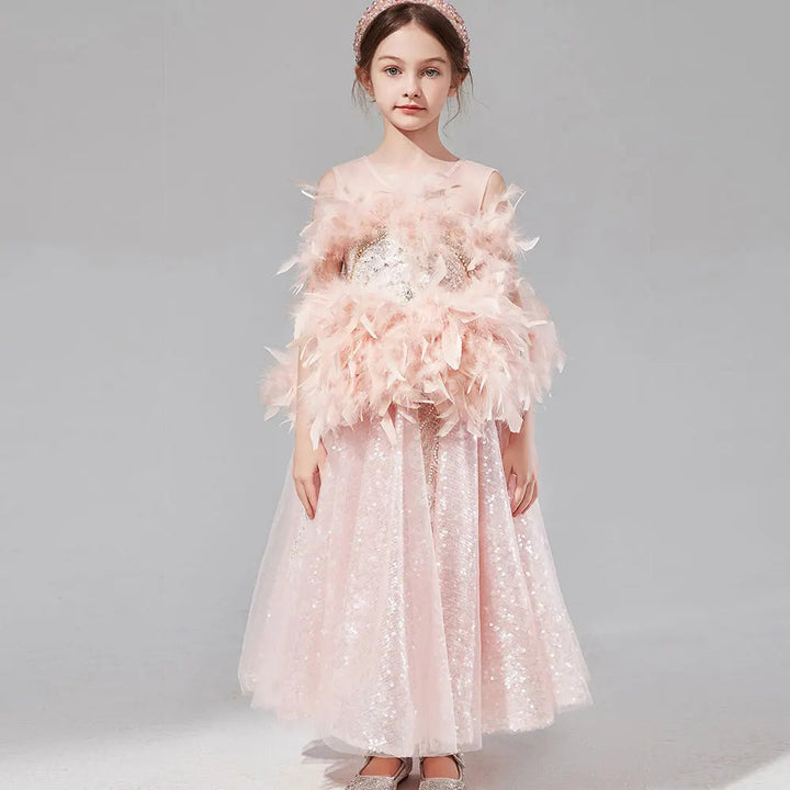 DreamyVow Luxury Shiny Pink Flower Girl Dresses Dubai Feather Beading Sequined Gowns for Birthday Party Show Pageant J008-DreamyVow