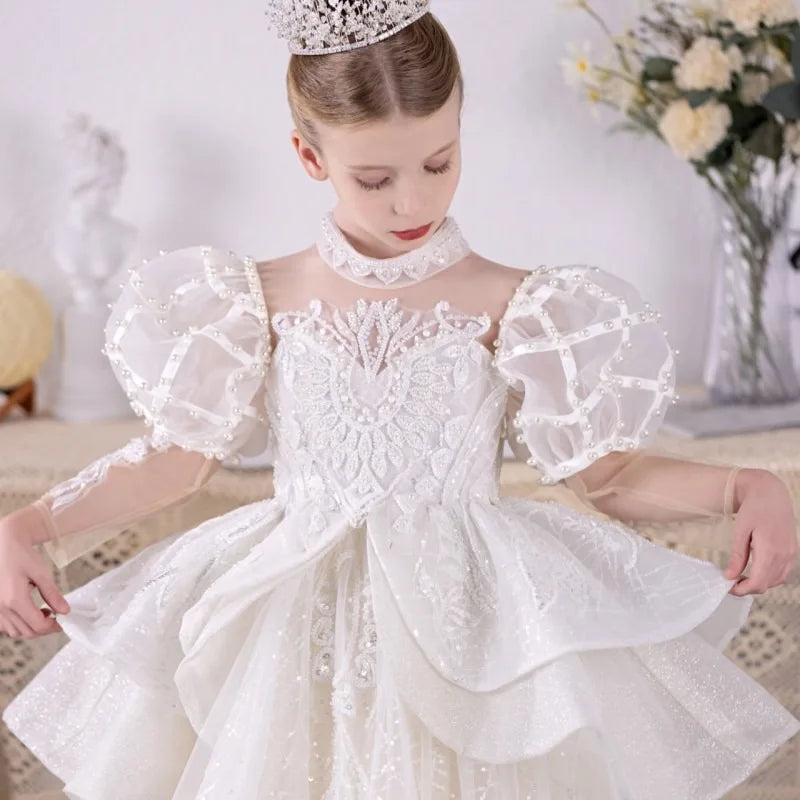 DreamyVow Luxury Shiny White Flower Girl Dress Beading Pearls Princess Ball Gown for Kids Wedding Birthday Party Pageant J128-DreamyVow