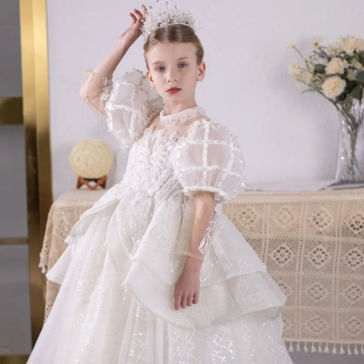 DreamyVow Luxury Shiny White Flower Girl Dress Beading Pearls Princess Ball Gown for Kids Wedding Birthday Party Pageant J128-DreamyVow