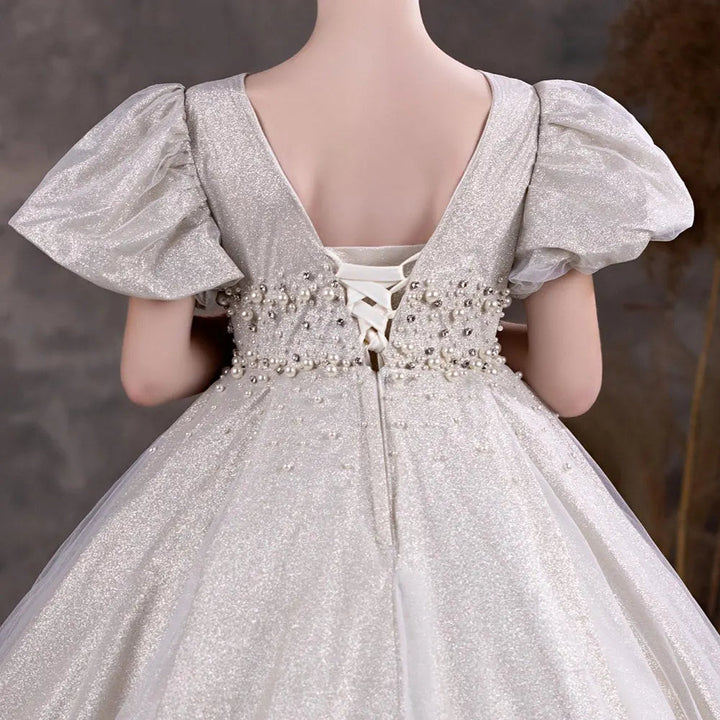 DreamyVow Luxury Silver Flower Girl Dresses Beading Pearls Prom Ball Gown for Kids Birthday Wedding Party Pageant Show J033-DreamyVow