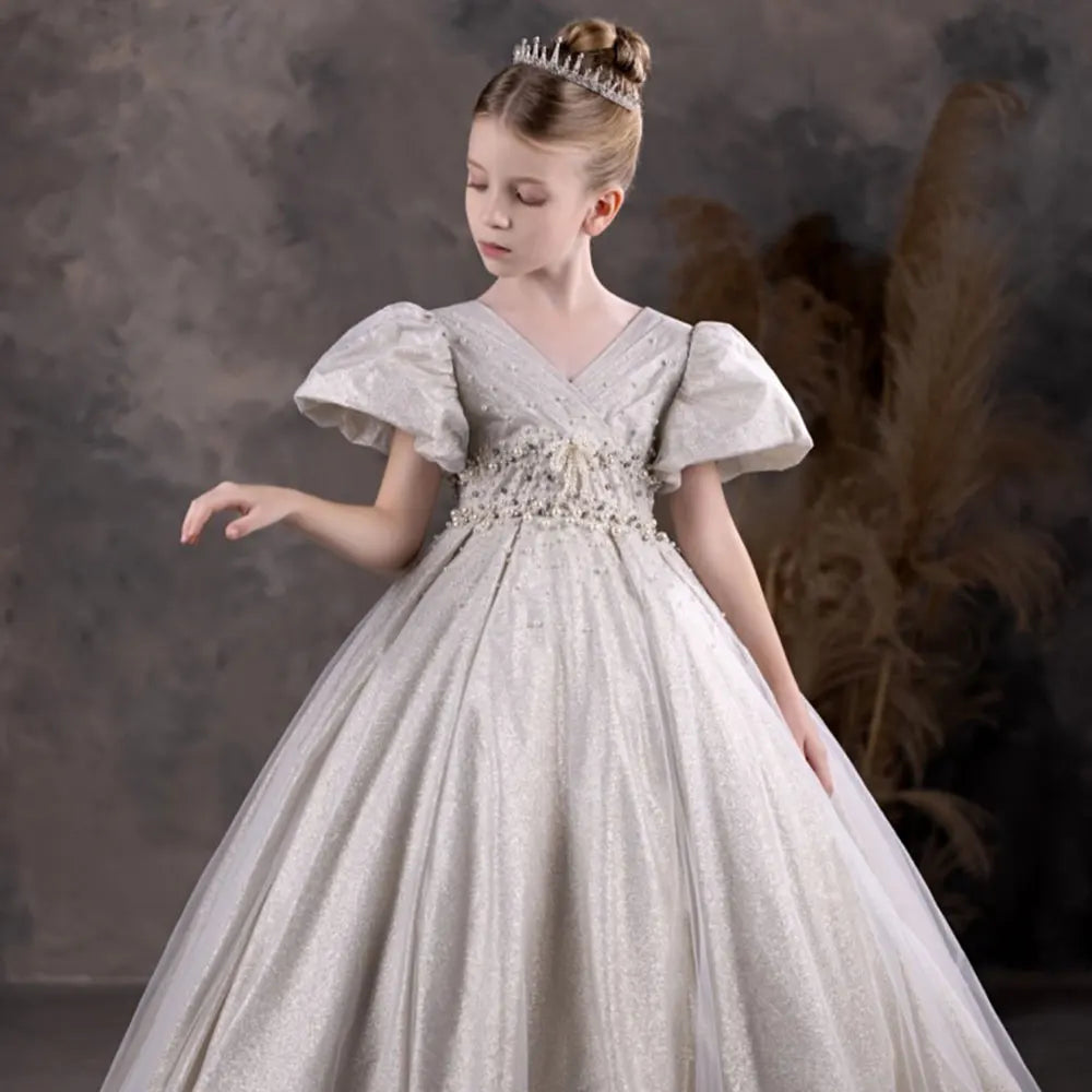 DreamyVow Luxury Silver Flower Girl Dresses Beading Pearls Prom Ball Gown for Kids Birthday Wedding Party Pageant Show J033-DreamyVow