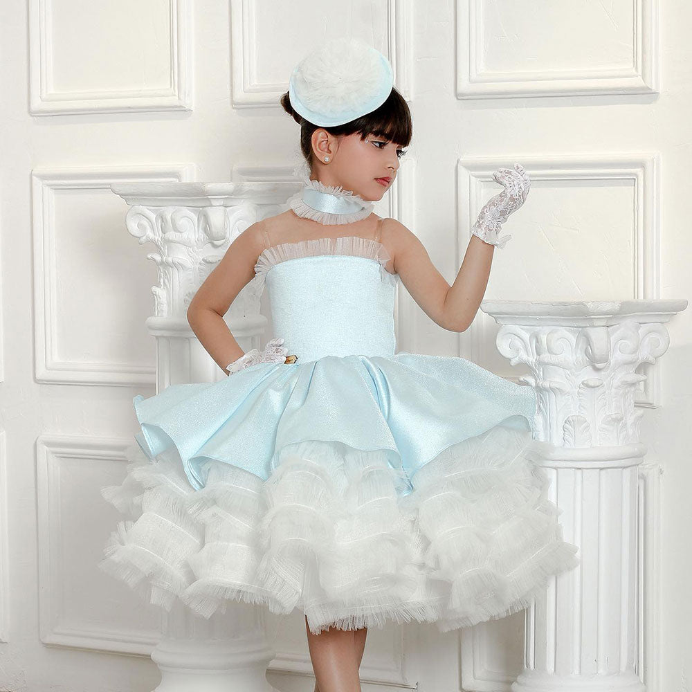 DreamyVow Luxury Sky Blue Arabric Girl Dress with Headgear Kids Princess Birthday Wedding Party Children Holiday Gown 2024 J194-DreamyVow