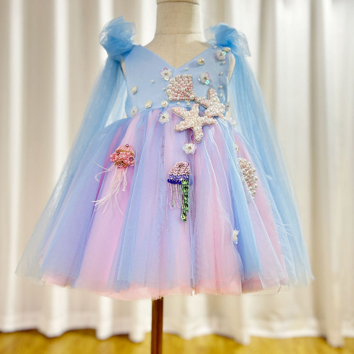 DreamyVow Luxury Sky Blue Baby Flower Girl Dresses Beaded Arab Pearls Princess Kids Gown for Birthday Wedding Evening Party J072-DreamyVow