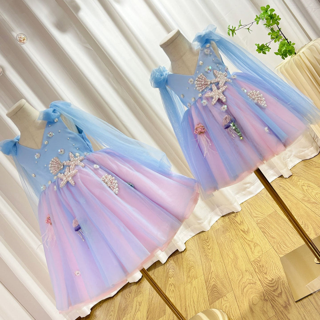 DreamyVow Luxury Sky Blue Baby Flower Girl Dresses Beaded Arab Pearls Princess Kids Gown for Birthday Wedding Evening Party J072-DreamyVow