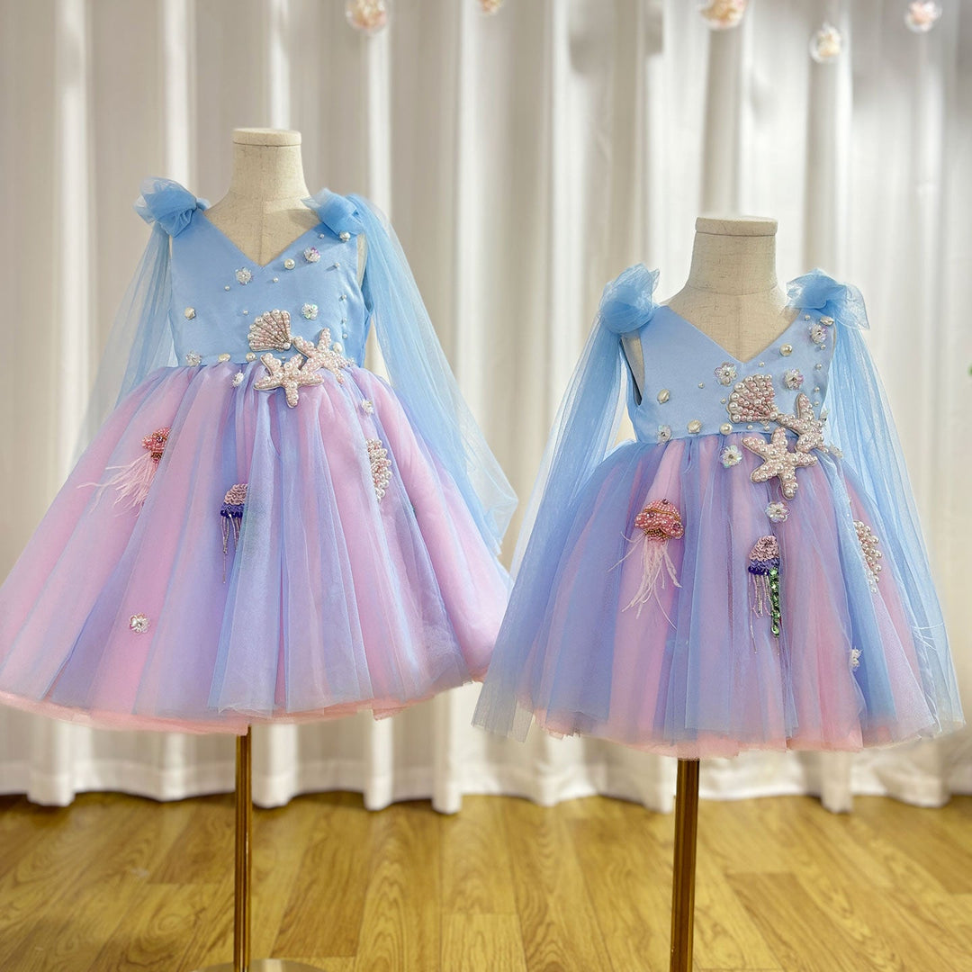 DreamyVow Luxury Sky Blue Baby Flower Girl Dresses Beaded Arab Pearls Princess Kids Gown for Birthday Wedding Evening Party J072-DreamyVow