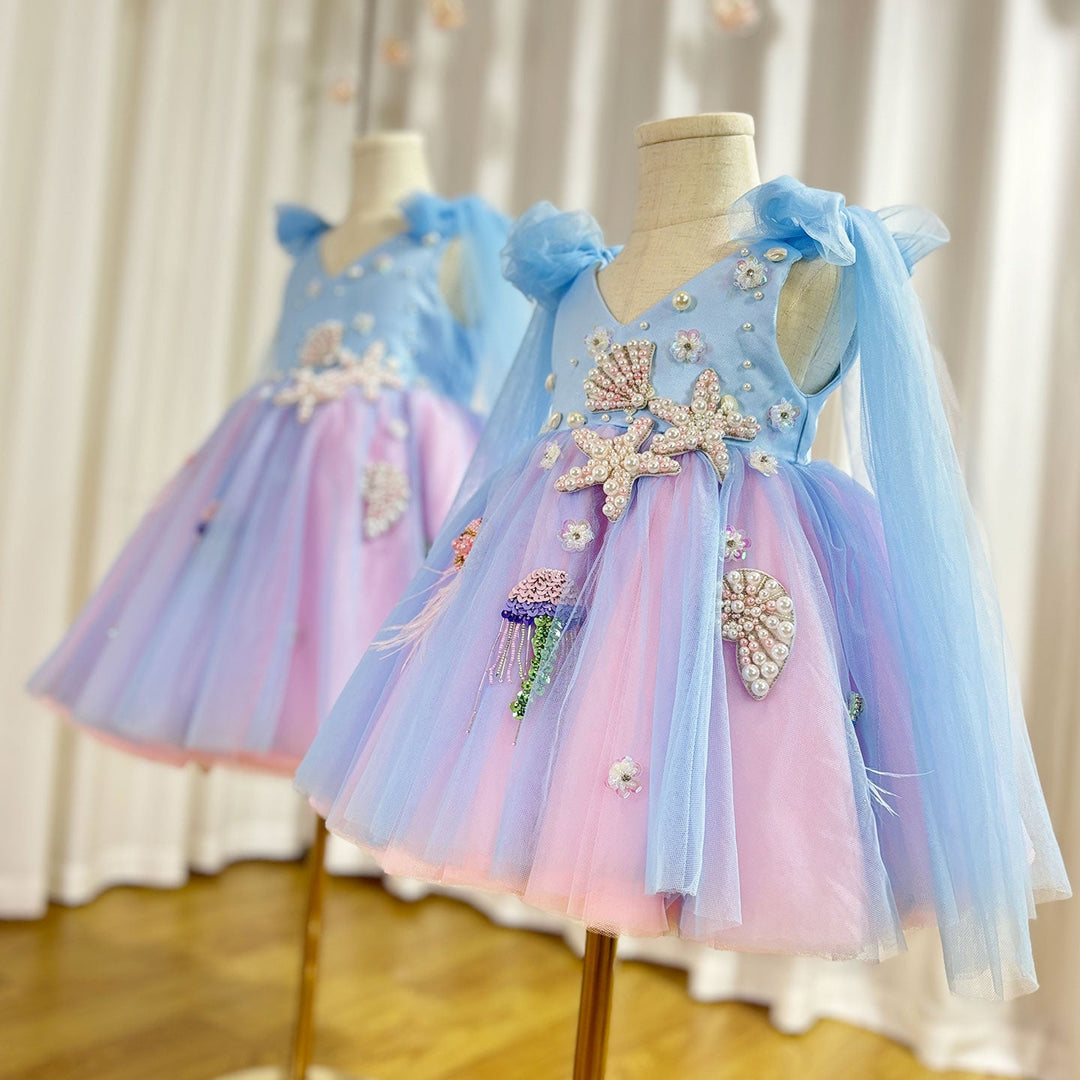 DreamyVow Luxury Sky Blue Baby Flower Girl Dresses Beaded Arab Pearls Princess Kids Gown for Birthday Wedding Evening Party J072-DreamyVow