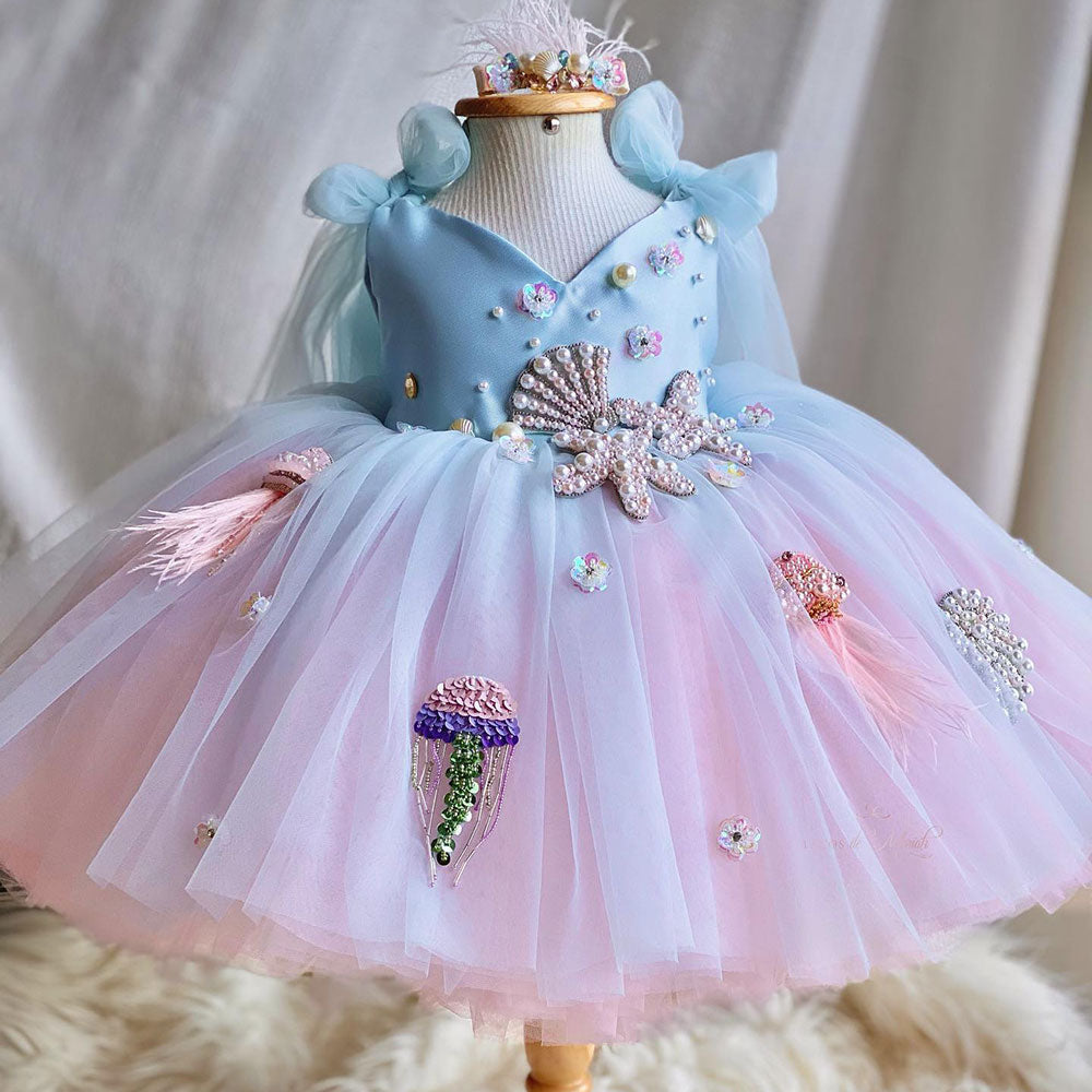 DreamyVow Luxury Sky Blue Baby Flower Girl Dresses Beaded Arab Pearls Princess Kids Gown for Birthday Wedding Evening Party J072-DreamyVow