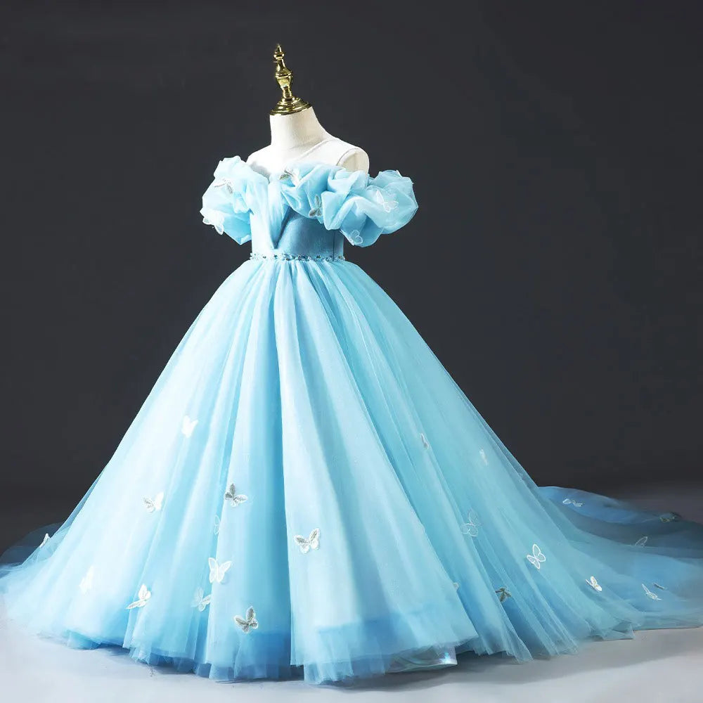 DreamyVow Luxury Sky Blue Girl Dresses Off The Shoulder with Bowknot Princess Gown for Kids Birthday Wedding Party Pageant J034-DreamyVow