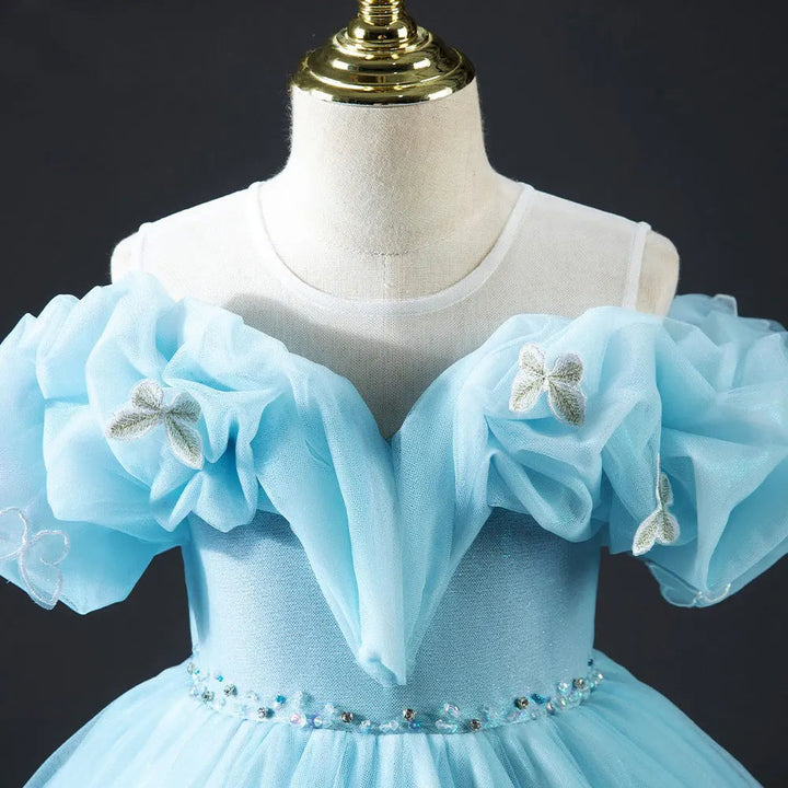 DreamyVow Luxury Sky Blue Girl Dresses Off The Shoulder with Bowknot Princess Gown for Kids Birthday Wedding Party Pageant J034-DreamyVow