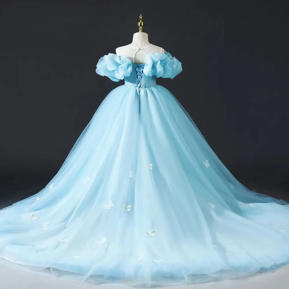 DreamyVow Luxury Sky Blue Girl Dresses Off The Shoulder with Bowknot Princess Gown for Kids Birthday Wedding Party Pageant J034-DreamyVow