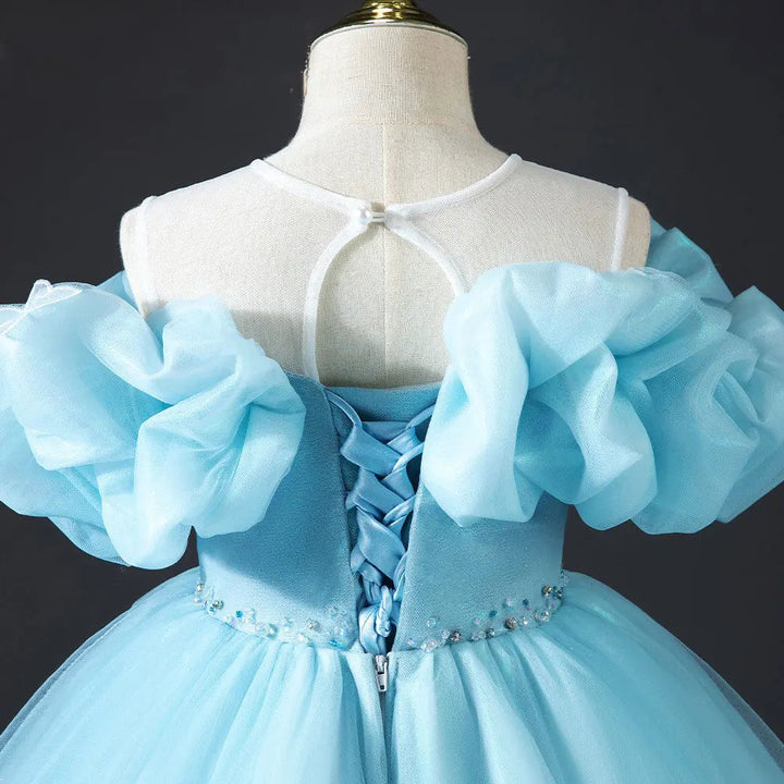 DreamyVow Luxury Sky Blue Girl Dresses Off The Shoulder with Bowknot Princess Gown for Kids Birthday Wedding Party Pageant J034-DreamyVow