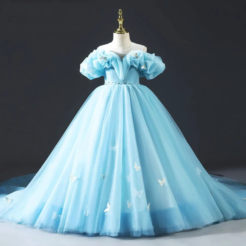 DreamyVow Luxury Sky Blue Girl Dresses Off The Shoulder with Bowknot Princess Gown for Kids Birthday Wedding Party Pageant J034-DreamyVow