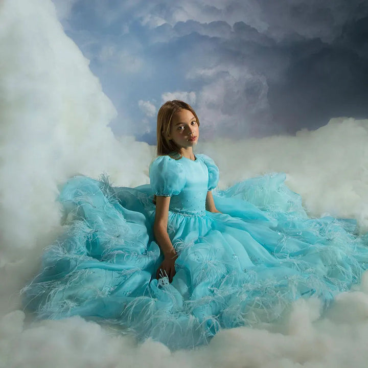 DreamyVow Luxury Turquoise Dubai Girl Dress Beaded Feathers Arabic Princess Baby Kids Wedding Birthday Party Ball Gown 2024 J380-DreamyVow