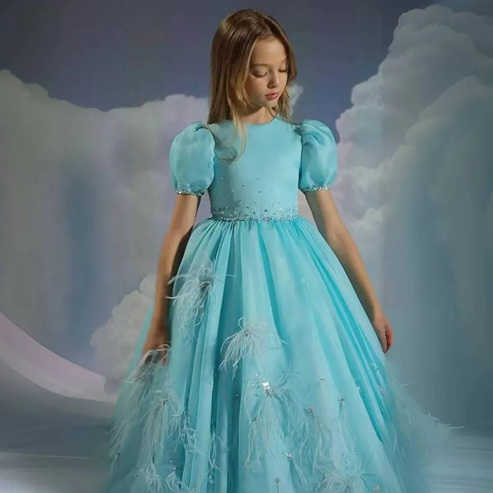 DreamyVow Luxury Turquoise Dubai Girl Dress Beaded Feathers Arabic Princess Baby Kids Wedding Birthday Party Ball Gown 2024 J380-DreamyVow