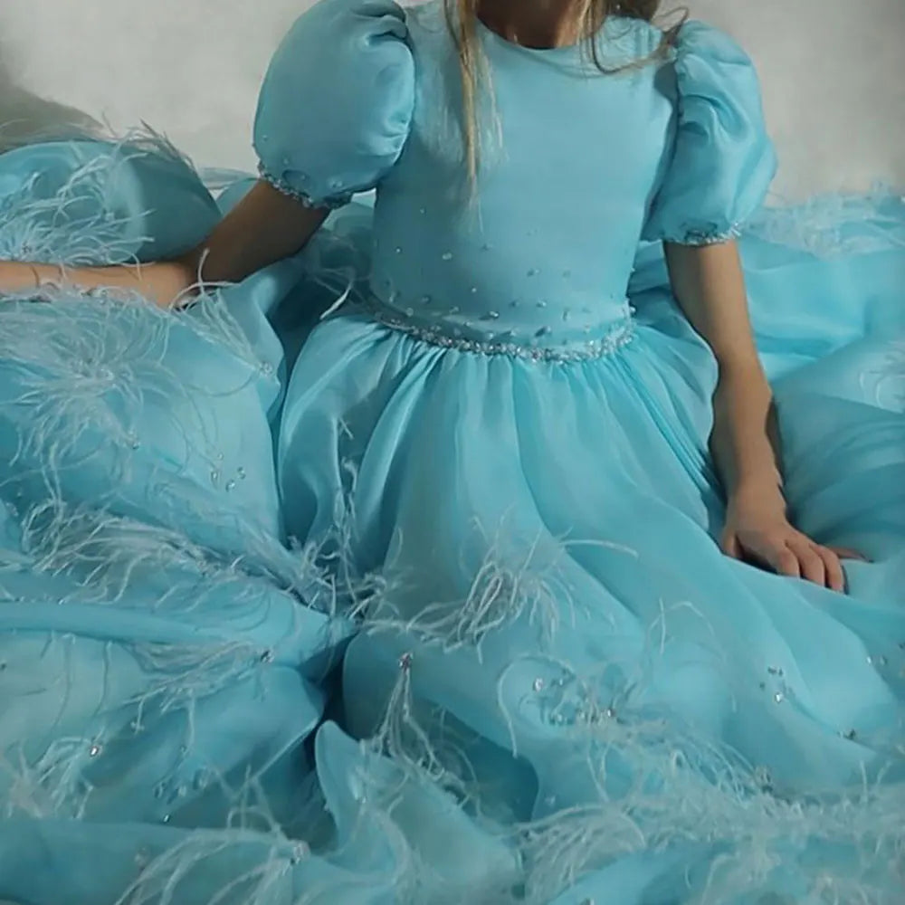 DreamyVow Luxury Turquoise Dubai Girl Dress Beaded Feathers Arabic Princess Baby Kids Wedding Birthday Party Ball Gown 2024 J380-DreamyVow