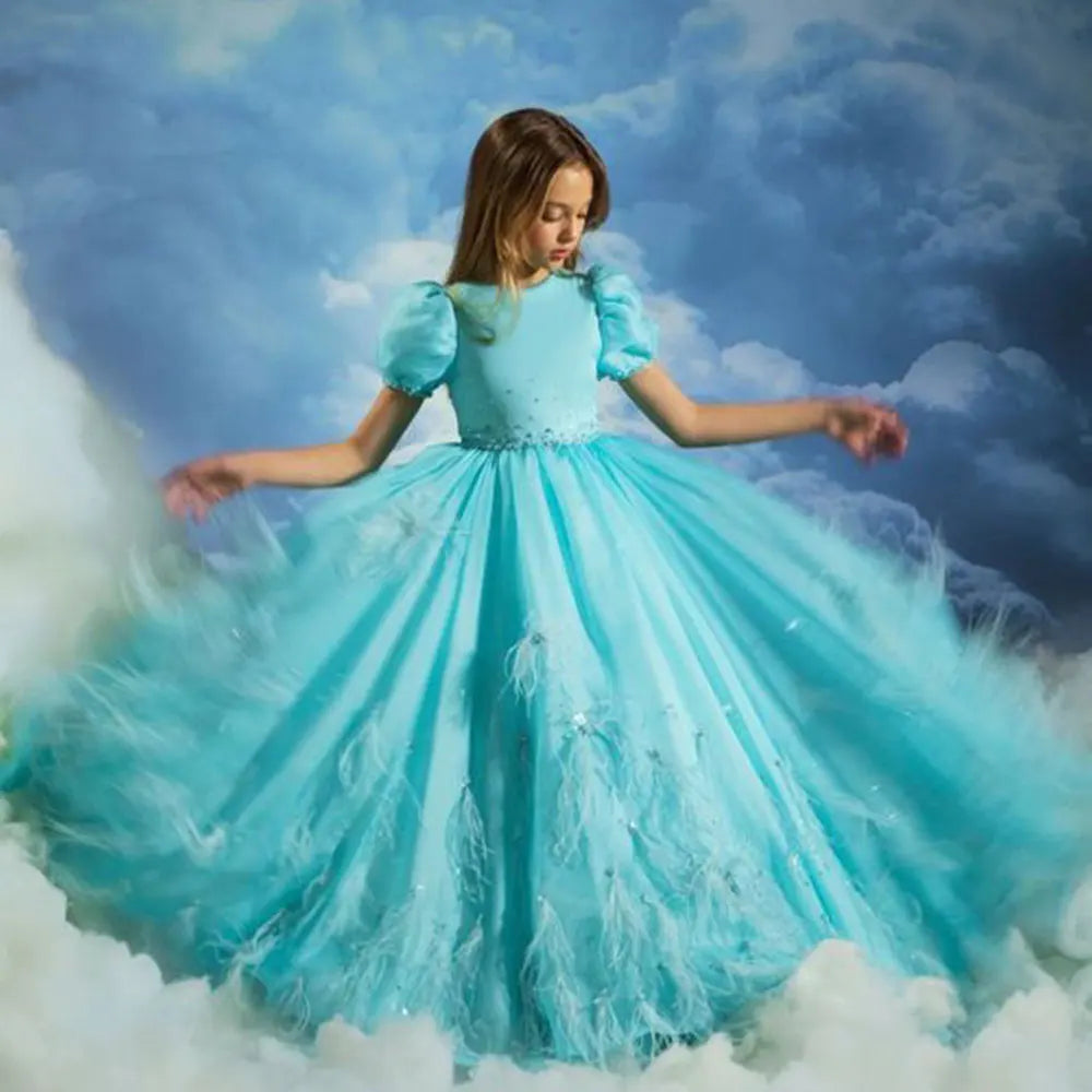 DreamyVow Luxury Turquoise Dubai Girl Dress Beaded Feathers Arabic Princess Baby Kids Wedding Birthday Party Ball Gown 2024 J380-DreamyVow