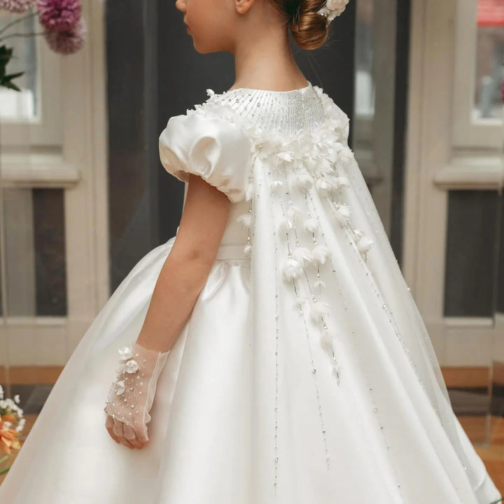 DreamyVow Luxury White Dubai Girl Dress Beaded Pearls Satin Arabic Princess Kids Wedding Birthday Party Long Ball Gown 2024 J153-DreamyVow