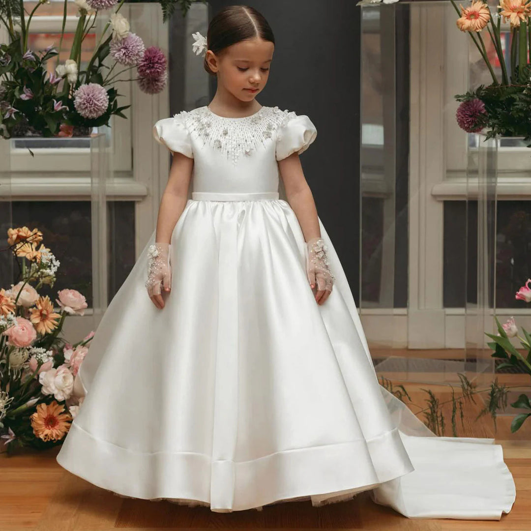 DreamyVow Luxury White Dubai Girl Dress Beaded Pearls Satin Arabic Princess Kids Wedding Birthday Party Long Ball Gown 2024 J153-DreamyVow