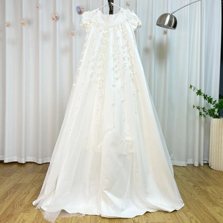 DreamyVow Luxury White Dubai Girl Dress Beaded Pearls Satin Arabic Princess Kids Wedding Birthday Party Long Ball Gown 2024 J153-DreamyVow