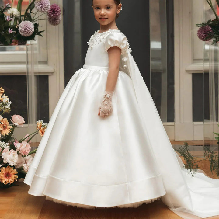 DreamyVow Luxury White Dubai Girl Dress Beaded Pearls Satin Arabic Princess Kids Wedding Birthday Party Long Ball Gown 2024 J153-DreamyVow