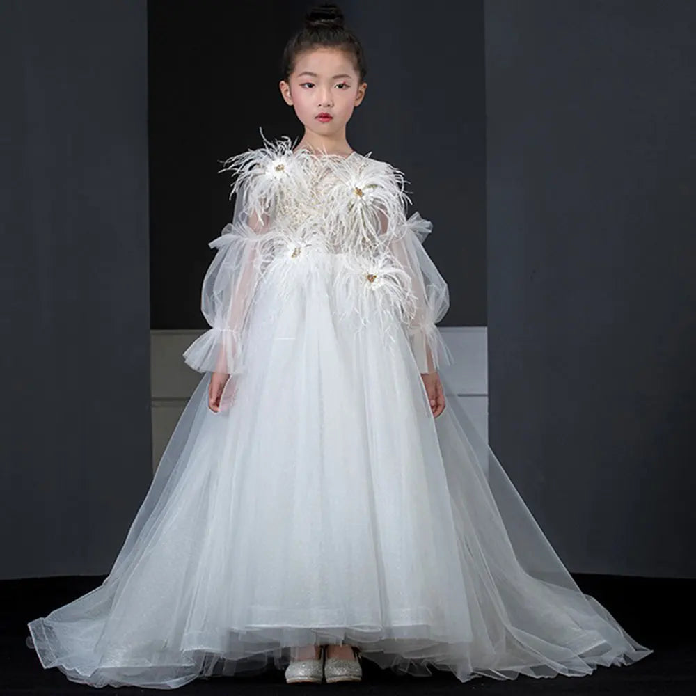 DreamyVow Luxury White Flower Girl Dress Arabic Feathers Beads Princess Prom Gown for Kids Birthday Wedding Party Pageant J021-DreamyVow