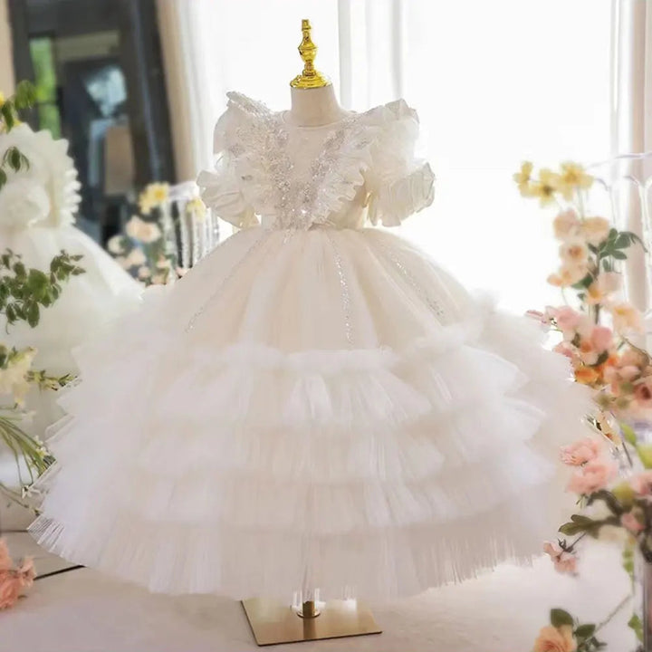 DreamyVow Luxury White Flower Girl Dress Sequined Arabic Princess Kids Wedding Birthday Party Ball Gown Holy Communion 2024 J245-DreamyVow