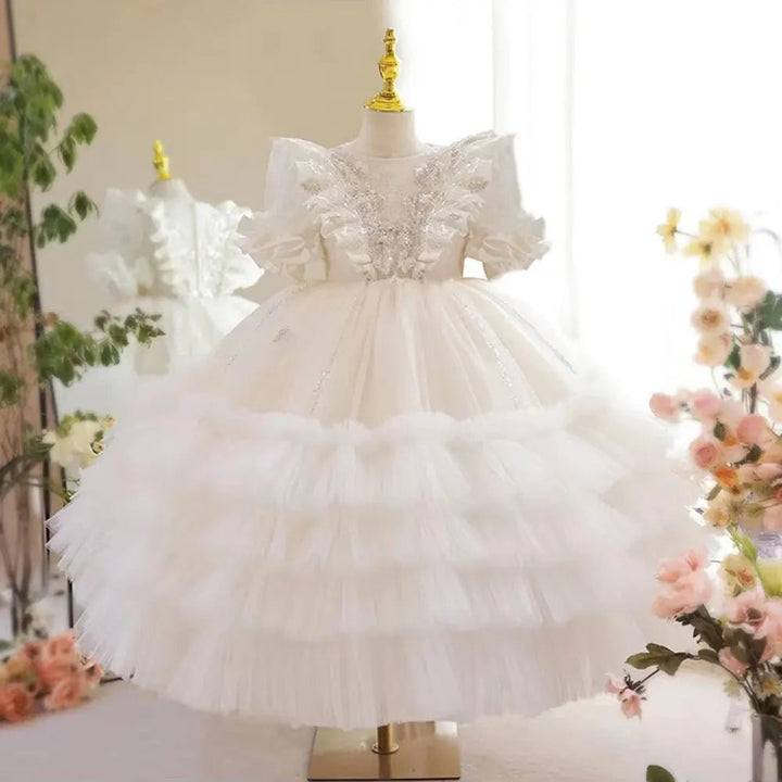 DreamyVow Luxury White Flower Girl Dress Sequined Arabic Princess Kids Wedding Birthday Party Ball Gown Holy Communion 2024 J245-DreamyVow