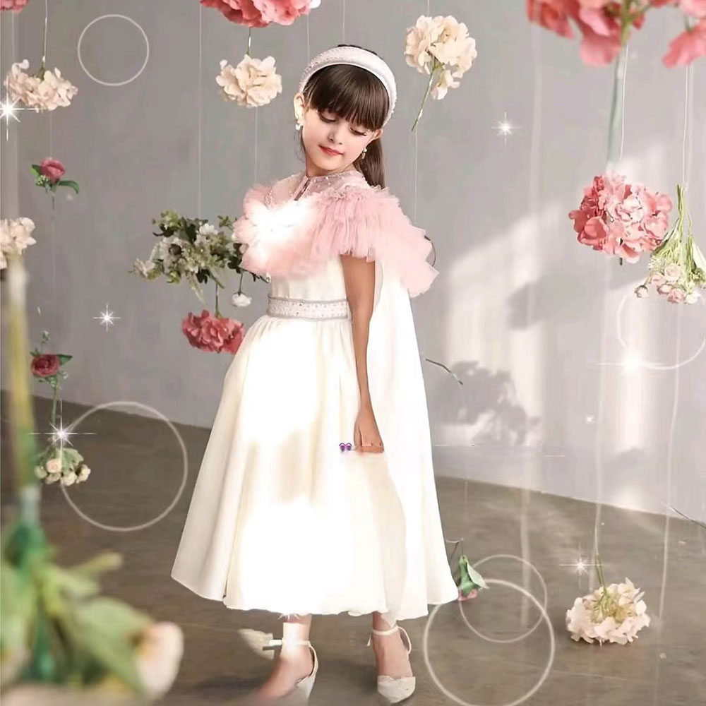 DreamyVow Luxury White Flower Girl Dress with Cape A-LIne Beading Pearls Wedding Birthday Party Princess Kids Gown Pageant J108-DreamyVow