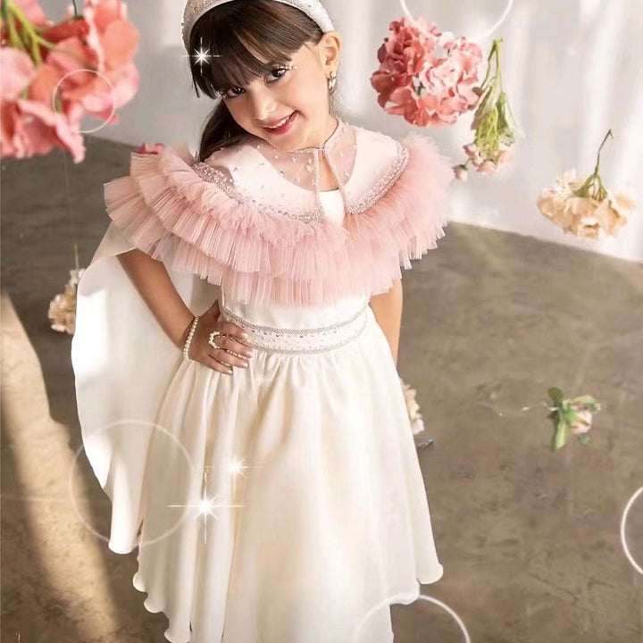 DreamyVow Luxury White Flower Girl Dress with Cape A-LIne Beading Pearls Wedding Birthday Party Princess Kids Gown Pageant J108-DreamyVow