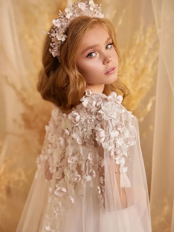 DreamyVow Luxury White Flower Girl Dresses Beading Handmade Flower with Cape Princess Kids Gown for Wedding Birthday Party J078-DreamyVow