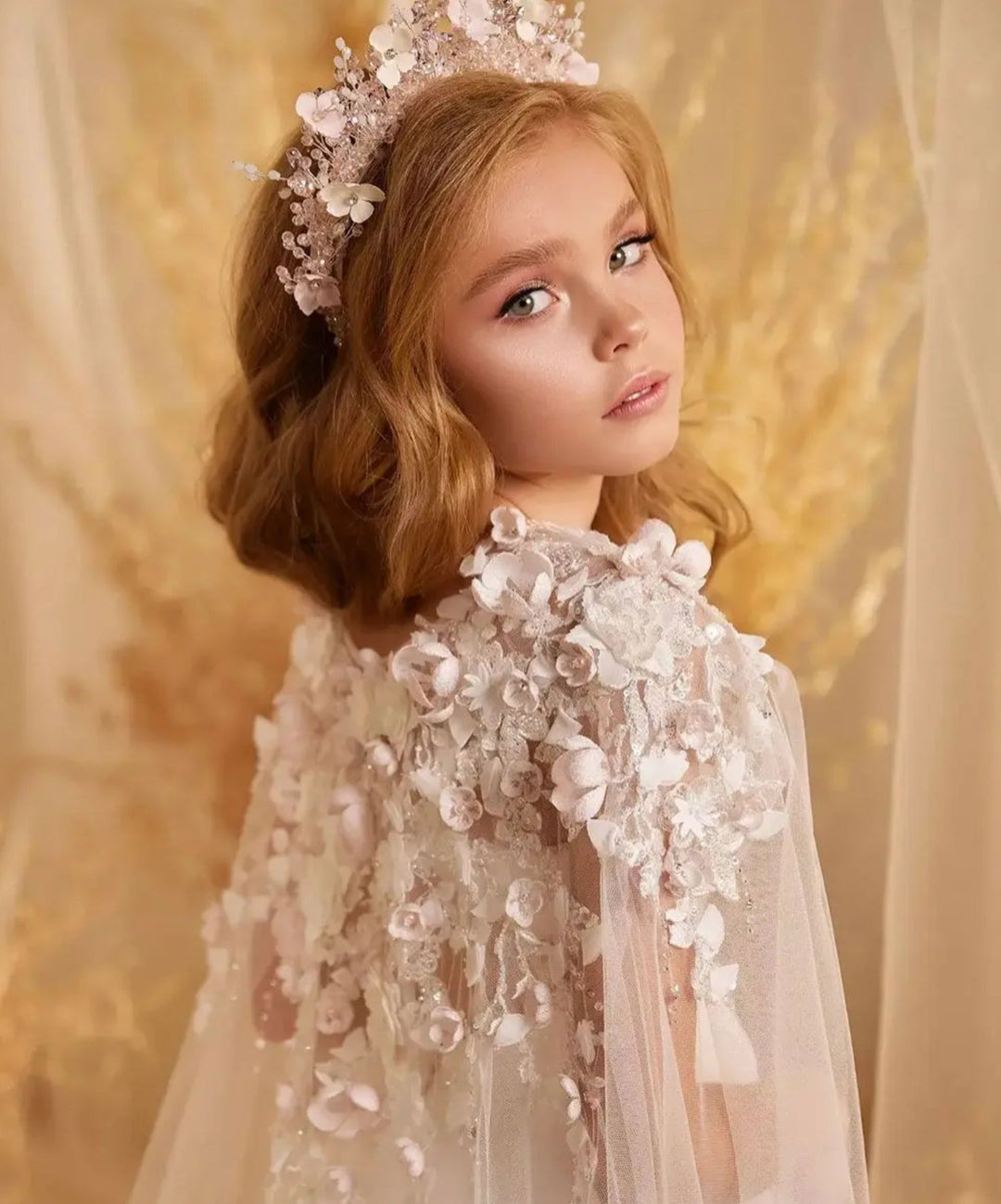 DreamyVow Luxury White Flower Girl Dresses Beading Handmade Flower with Cape Princess Kids Gown for Wedding Birthday Party J078-DreamyVow