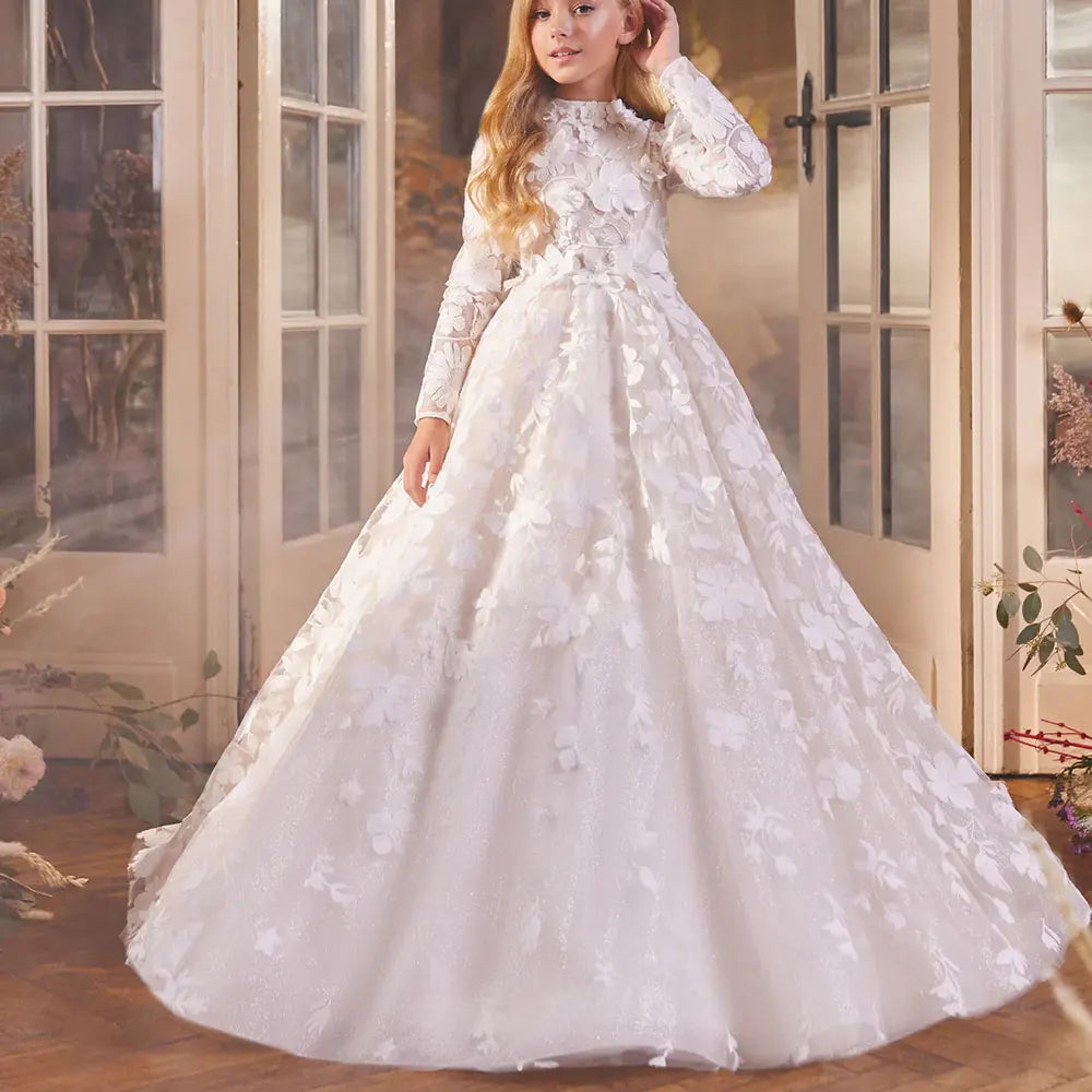 DreamyVow Luxury White Girl Dress 3D Flowers Princess Dubai Kids Wedding Birthday Communion Party Elegant Evening Gown 2024 J293-DreamyVow