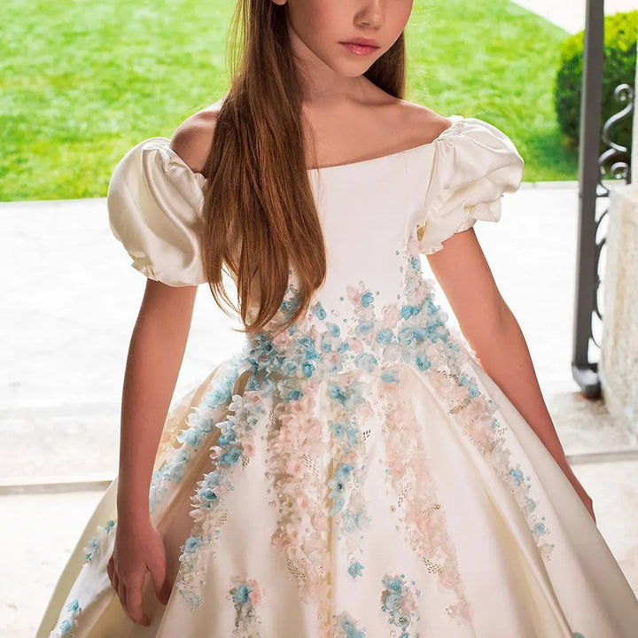 DreamyVow Luxury White Girl Dress 3D Flowers Satin Princess Dubai Kids Wedding Birthday Communion Party Elegant Gown 2024 J295-DreamyVow