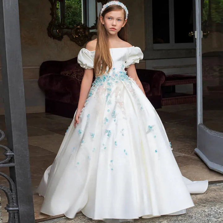 DreamyVow Luxury White Girl Dress 3D Flowers Satin Princess Dubai Kids Wedding Birthday Communion Party Elegant Gown 2024 J295-DreamyVow