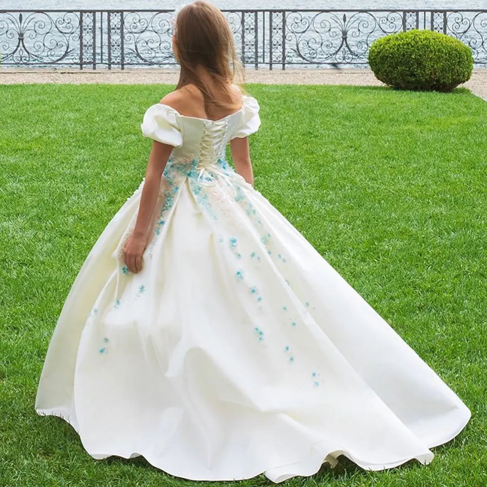 DreamyVow Luxury White Girl Dress 3D Flowers Satin Princess Dubai Kids Wedding Birthday Communion Party Elegant Gown 2024 J295-DreamyVow