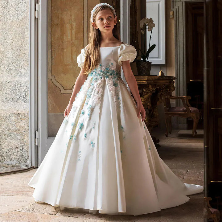 DreamyVow Luxury White Girl Dress 3D Flowers Satin Princess Dubai Kids Wedding Birthday Communion Party Elegant Gown 2024 J295-DreamyVow