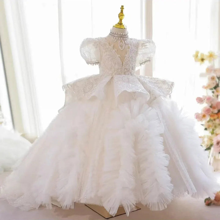 DreamyVow Luxury White Girl Dress Beaded Pearls Dubai Kids Princess Birthday Wedding Party First Communion Long Gown 2024 J216-DreamyVow