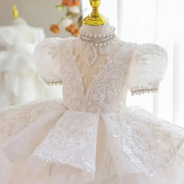 DreamyVow Luxury White Girl Dress Beaded Pearls Dubai Kids Princess Birthday Wedding Party First Communion Long Gown 2024 J216-DreamyVow