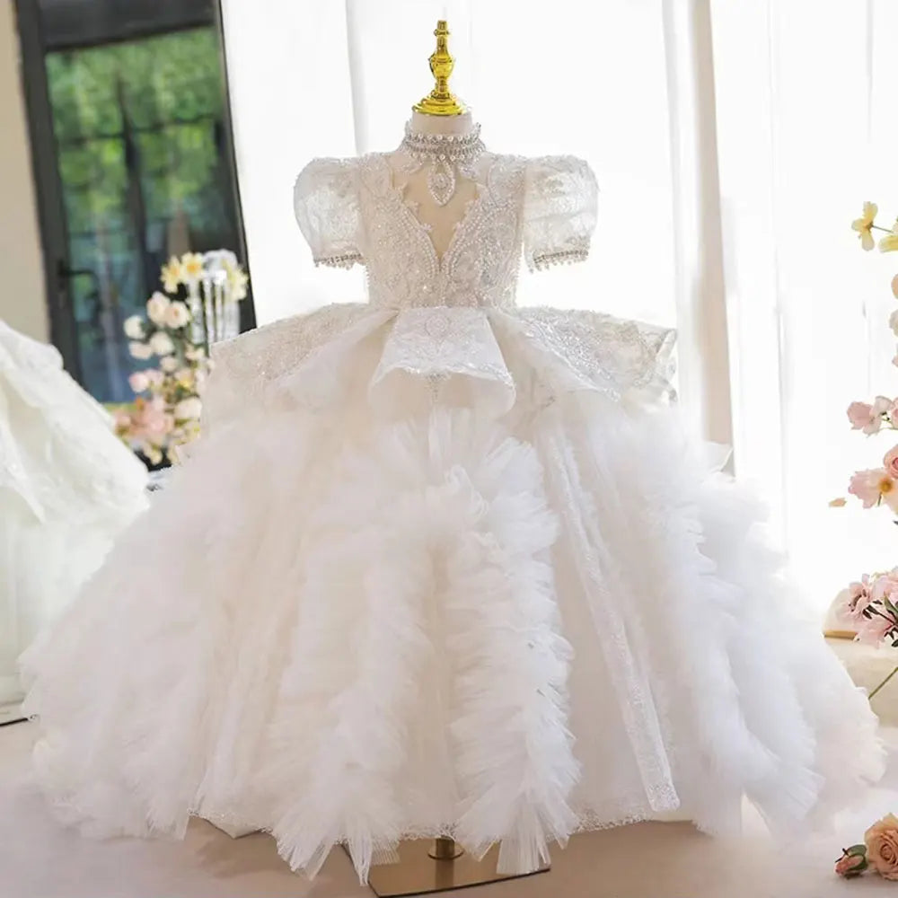 DreamyVow Luxury White Girl Dress Beaded Pearls Dubai Kids Princess Birthday Wedding Party First Communion Long Gown 2024 J216-DreamyVow