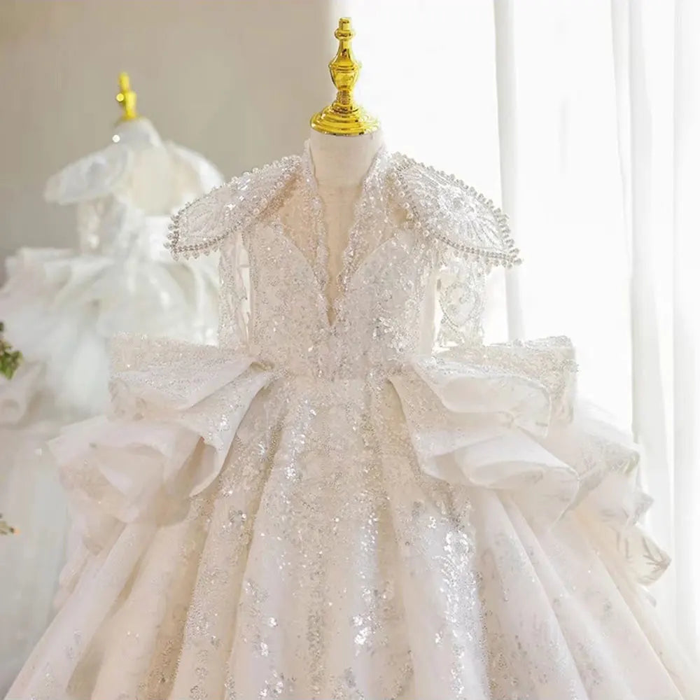 DreamyVow Luxury White Girl Dress Beaded Sequined Dubai Kids Princess Birthday Wedding Party First Communion Long Gown 2024 J213-DreamyVow